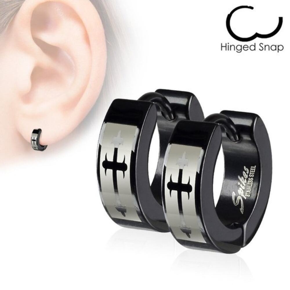 NWOT 316L Stainless Steel Black Hinged‎ Hoop Earring with Gothic Medieval cross